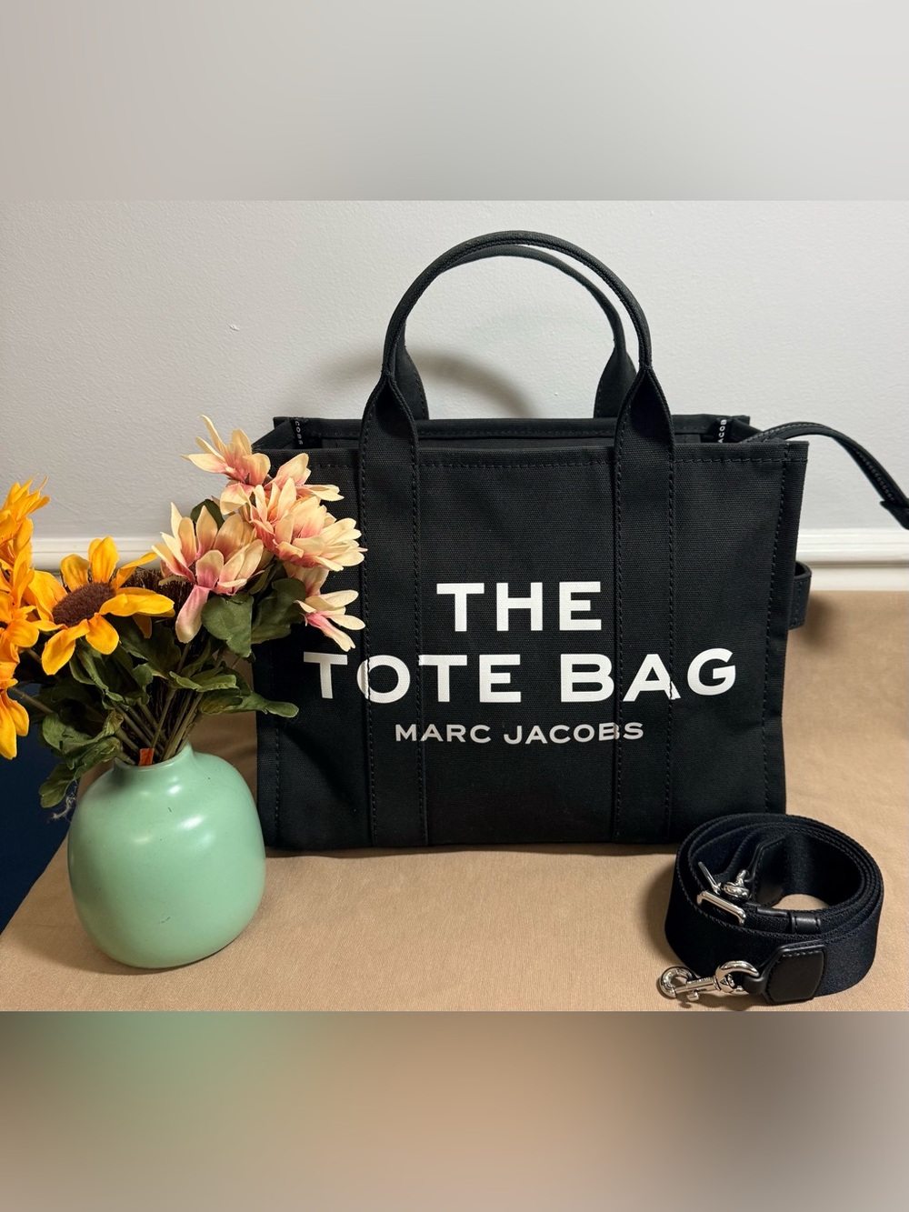 Marc Jacobs Black Canvas 'The Tote Bag' with White Logo | EUC | Crossbody |